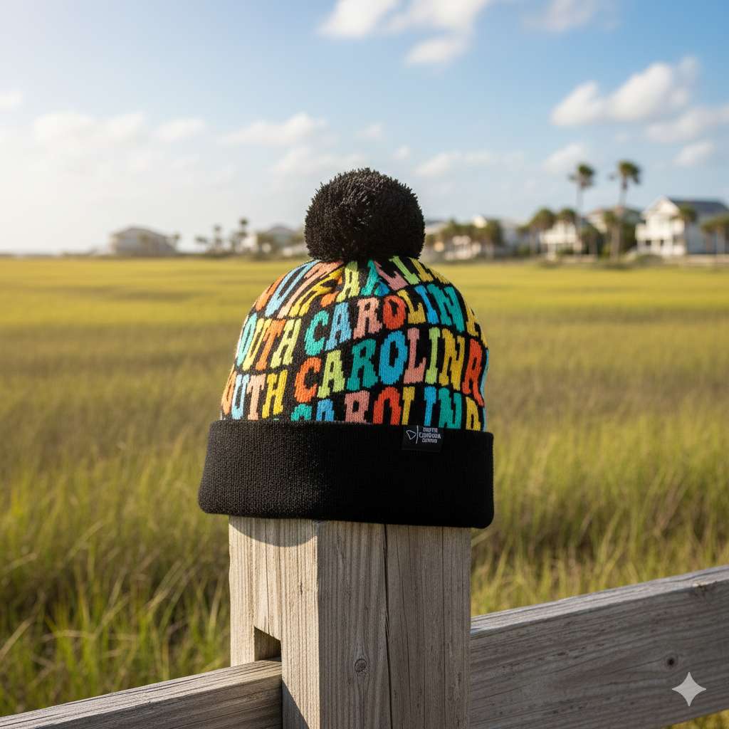 South Carolina Colorful Letter Knit Beanie Retro Pom Pom Winter Hat with Bold Typography