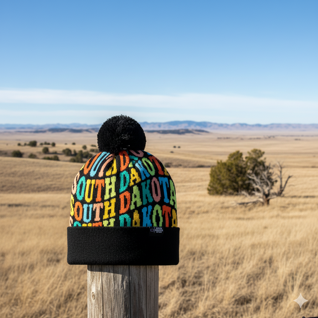 South Dakota Colorful Letter Knit Beanie Retro Pom Pom Winter Hat with Bold Typography