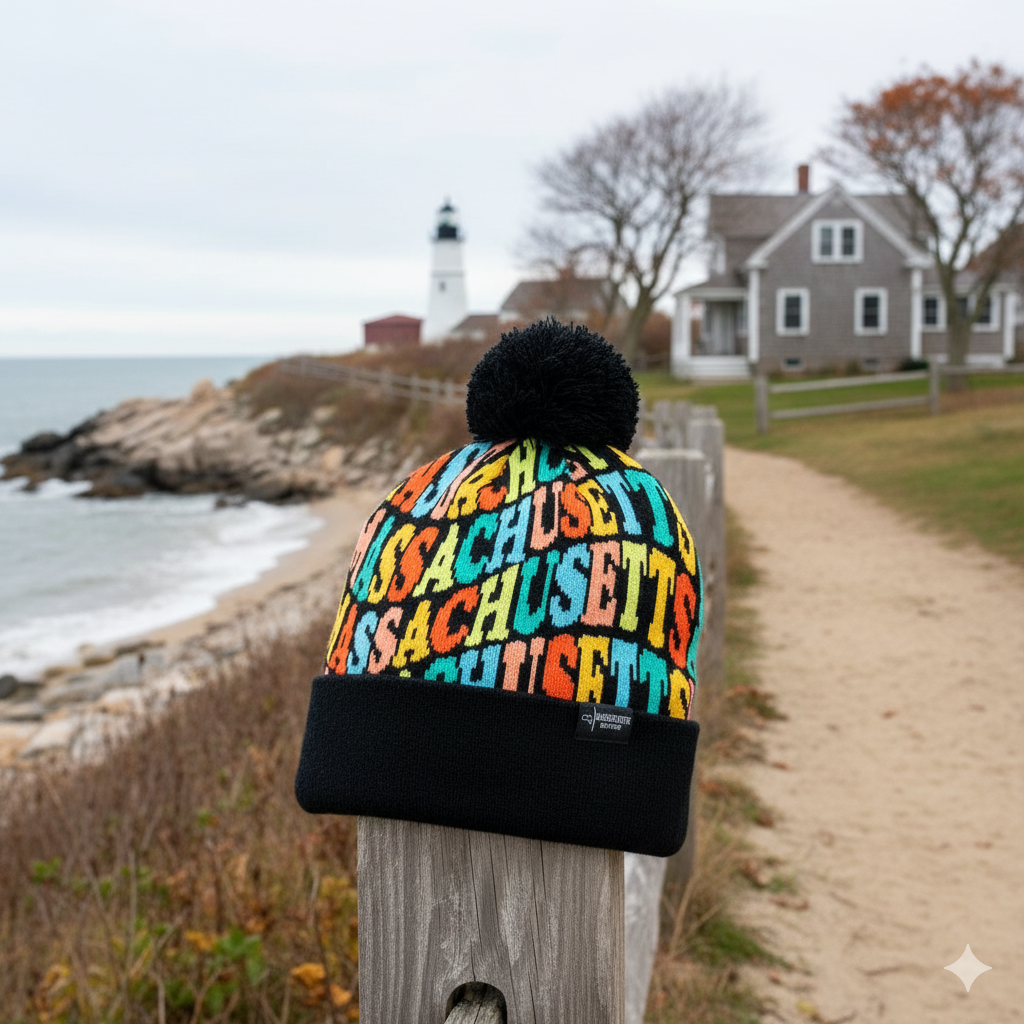 Connecticut Colorful Letter Knit Beanie Retro Pom Pom Winter Hat with Bold Typography