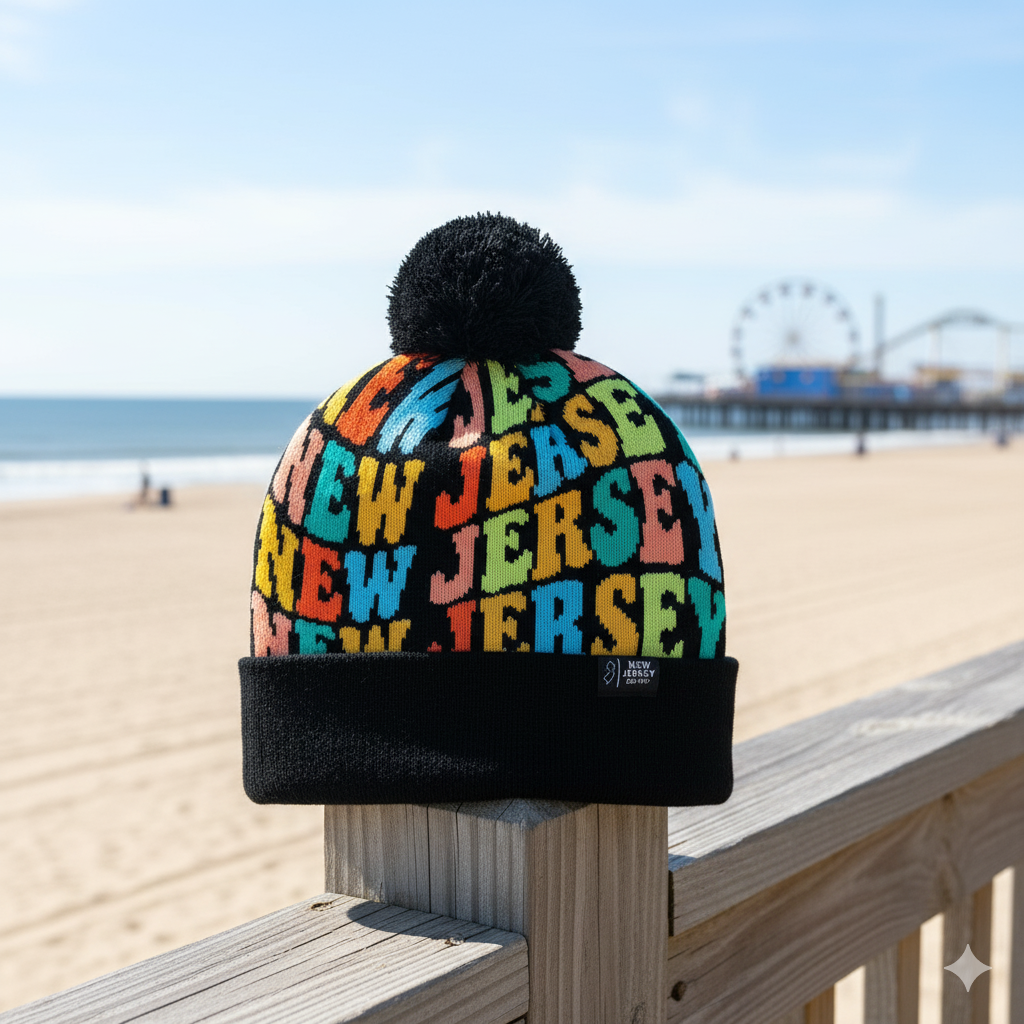New Jersey Colorful Letter Knit Beanie Retro Pom Pom Winter Hat with Bold Typography