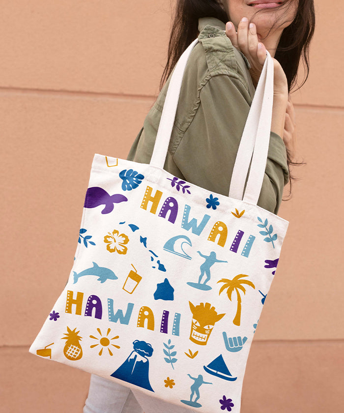 Hawaii Icon Canvas Tote Bag – Hawaii Island Travel Souvenir Shopping Tote