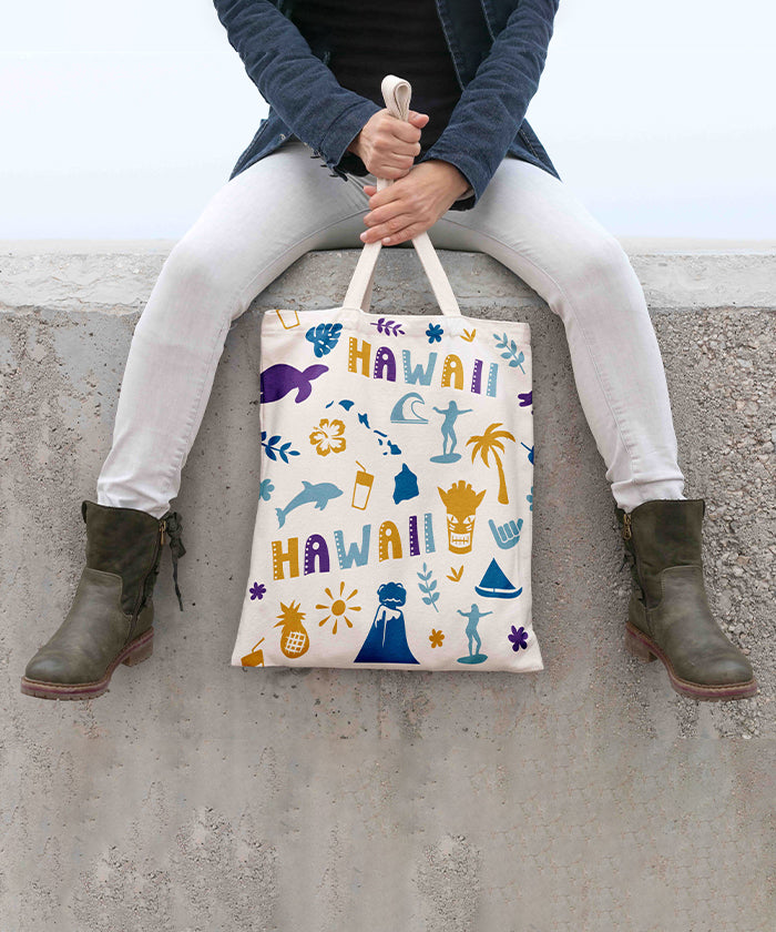 Hawaii Icon Canvas Tote Bag – Hawaii Island Travel Souvenir Shopping Tote
