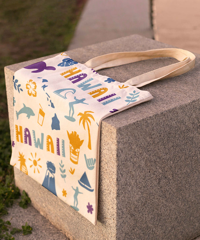 Hawaii Icon Canvas Tote Bag – Hawaii Island Travel Souvenir Shopping Tote
