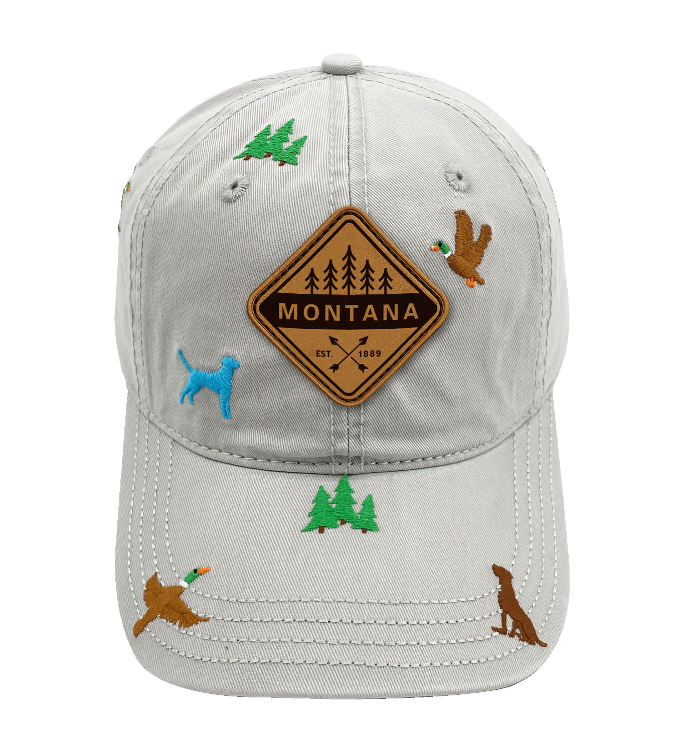 Montana Embroidered Baseball Cap - Outdoor Duck Hunting Adventure Hat with Dog and Pine Design