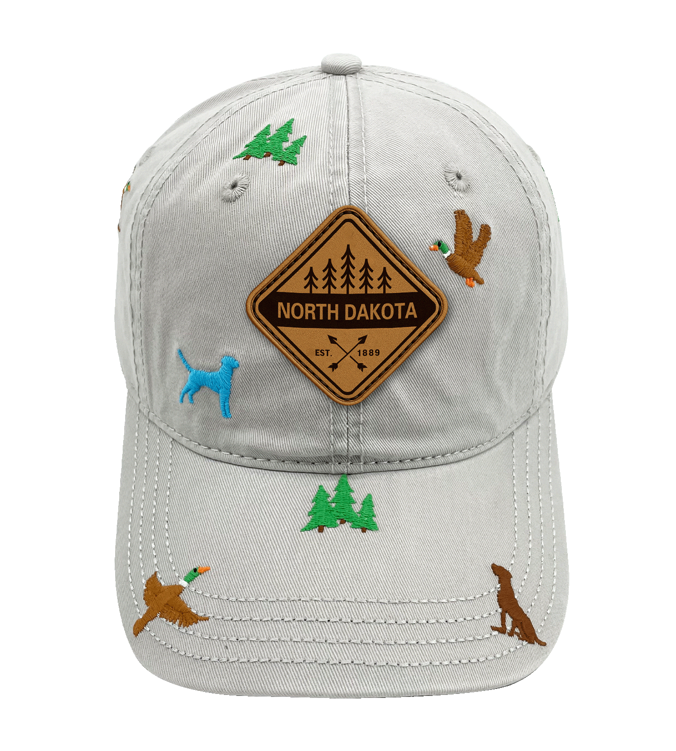 North Dakota Outdoor Embroidered Baseball Cap - Duck Hunting Adventure Hat with Dog and Tree Design