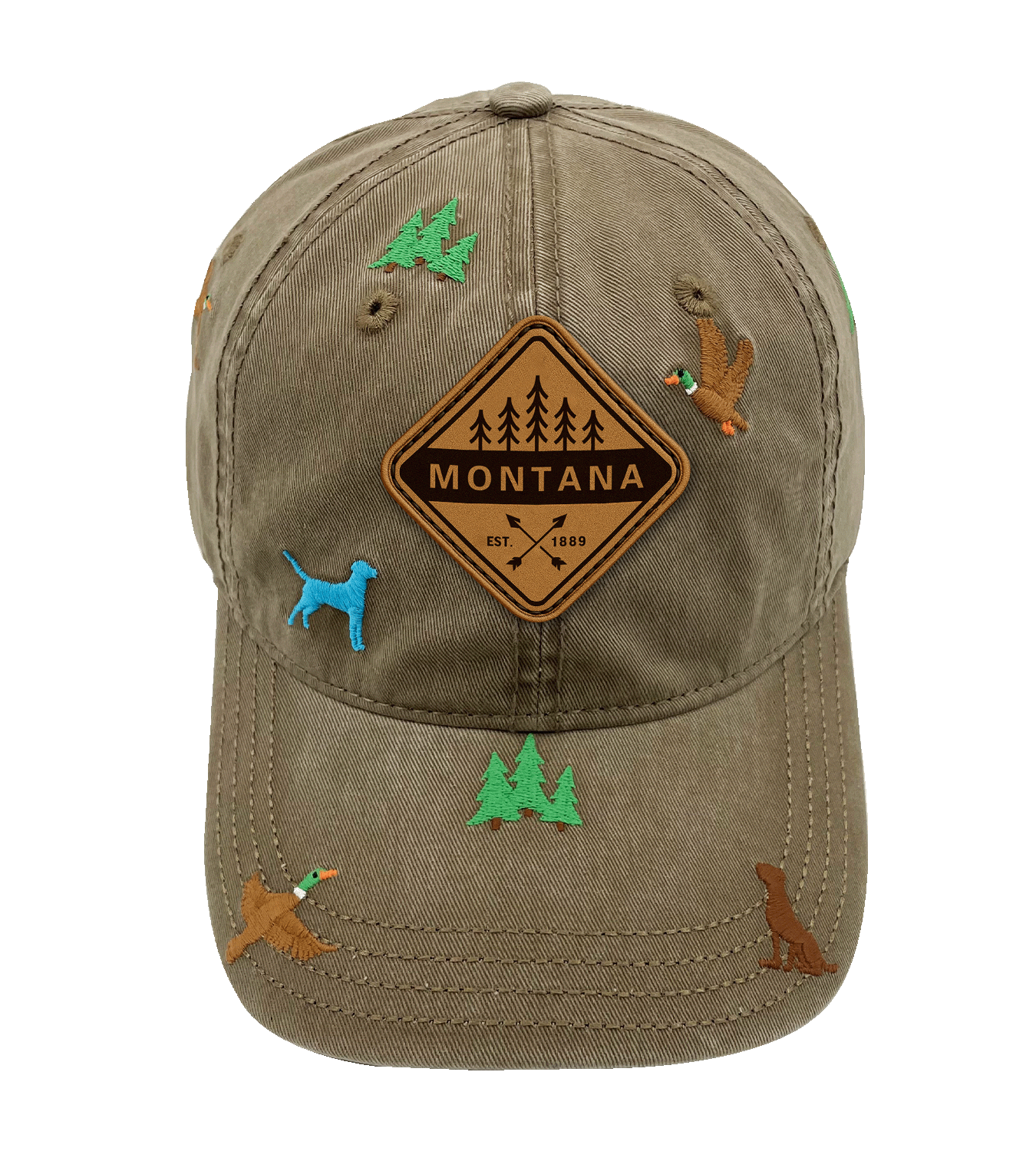 Montana Embroidered Baseball Cap - Outdoor Duck Hunting Adventure Hat with Dog and Pine Design