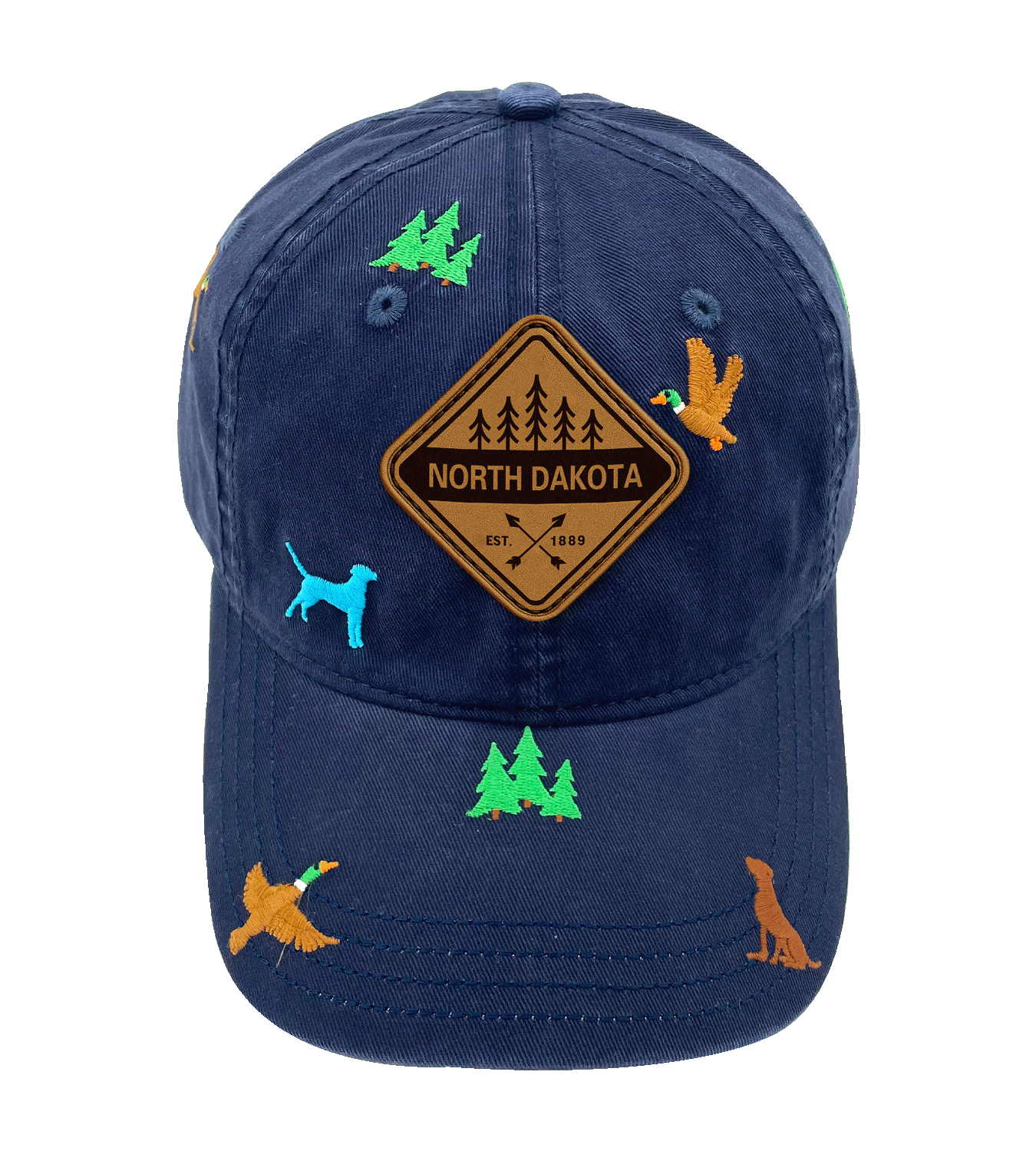 North Dakota Outdoor Embroidered Baseball Cap - Duck Hunting Adventure Hat with Dog and Tree Design