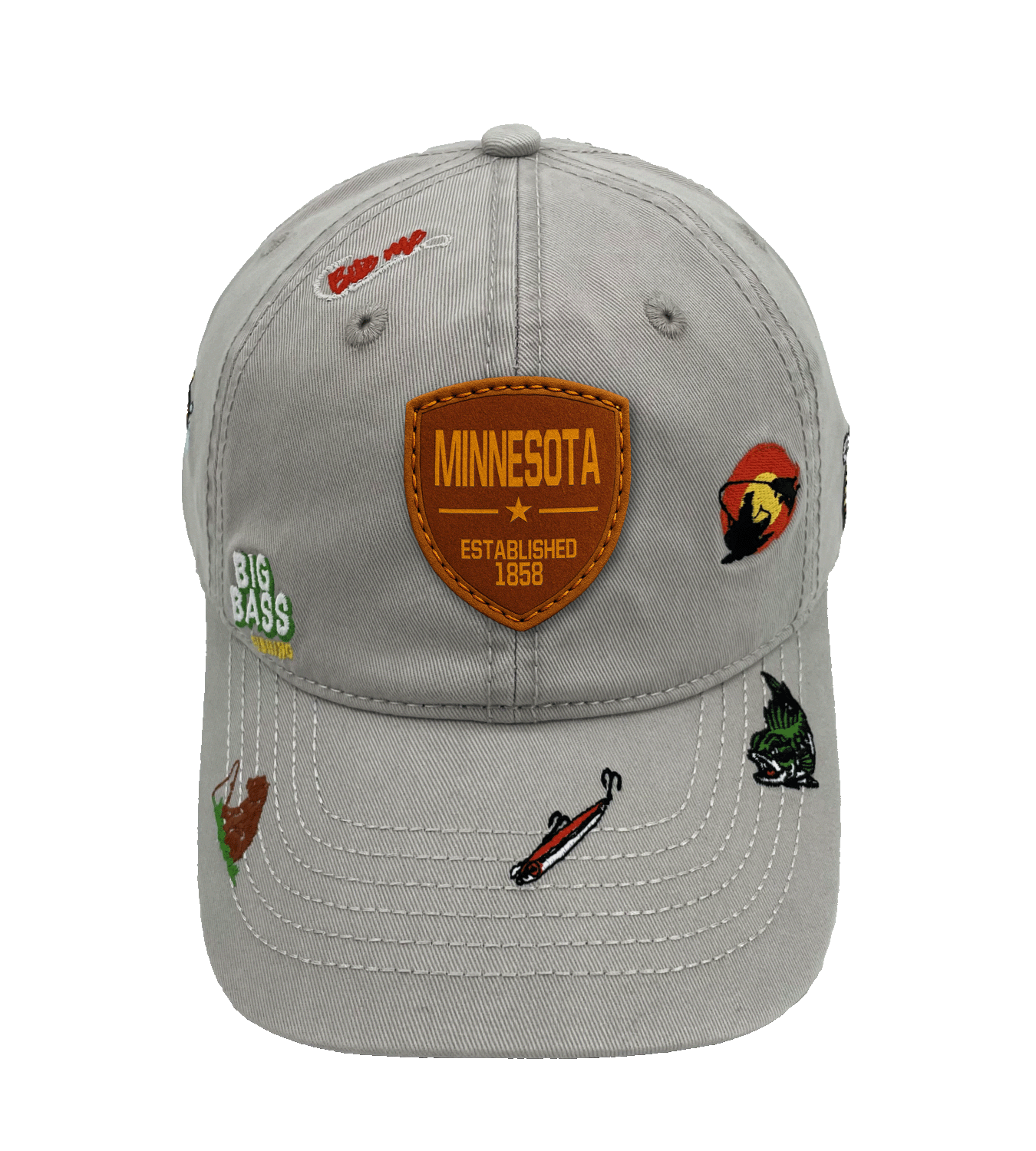 Minnesota Big Bass Fishing Baseball Cap with Embroidered Outdoor Adventure Icons