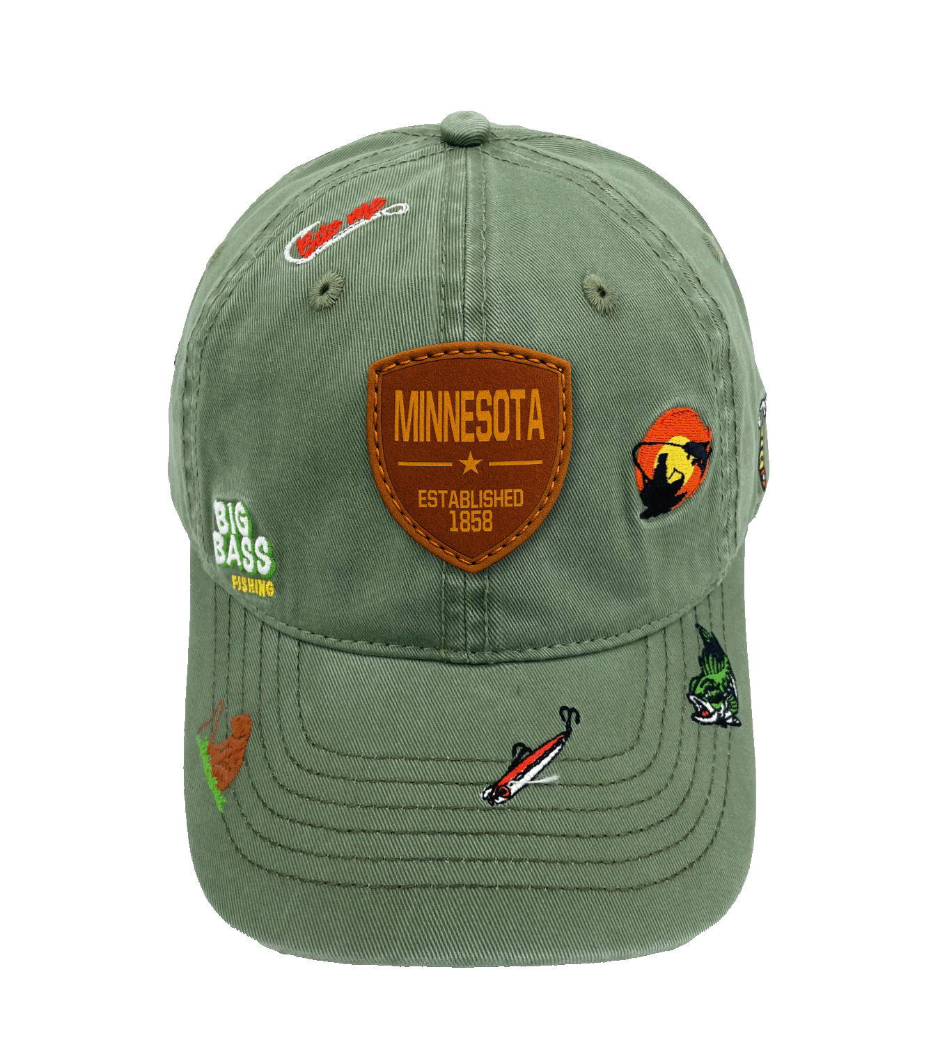 Minnesota Big Bass Fishing Baseball Cap with Embroidered Outdoor Adventure Icons