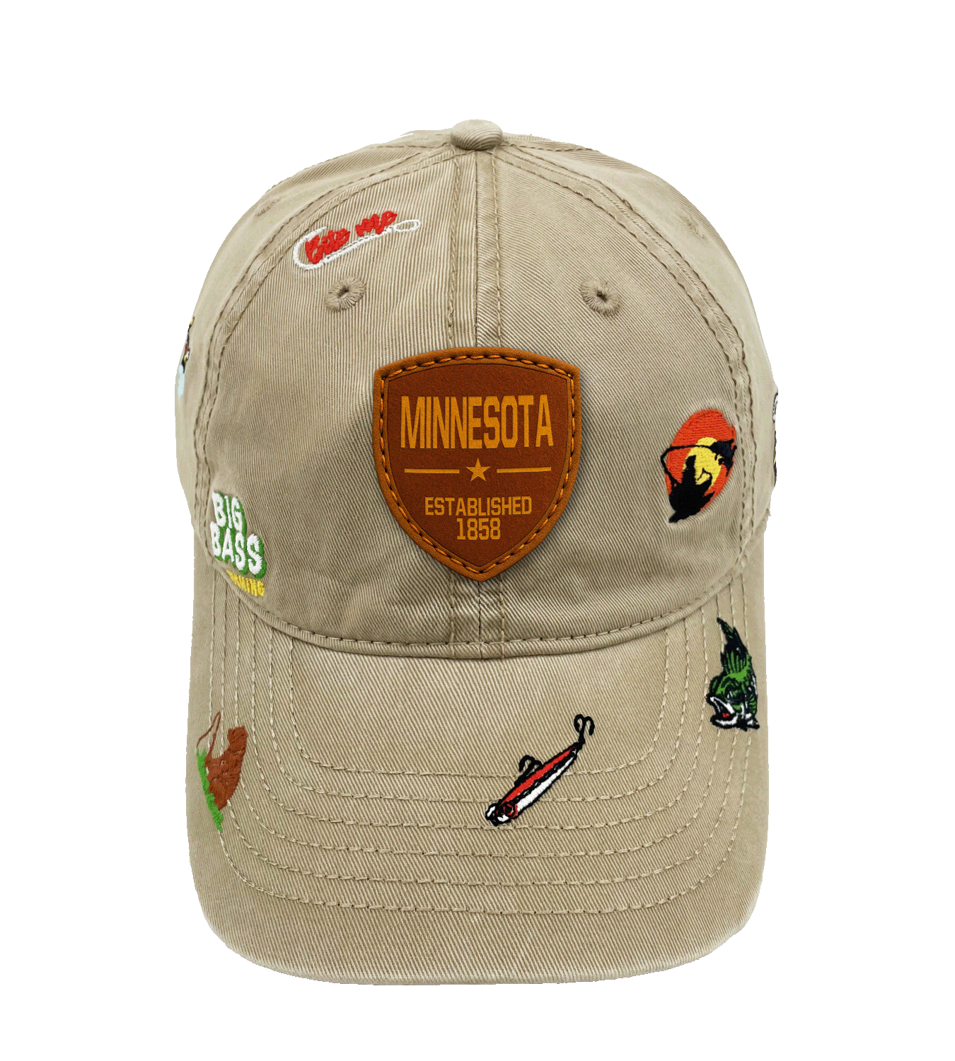 Minnesota Big Bass Fishing Baseball Cap with Embroidered Outdoor Adventure Icons