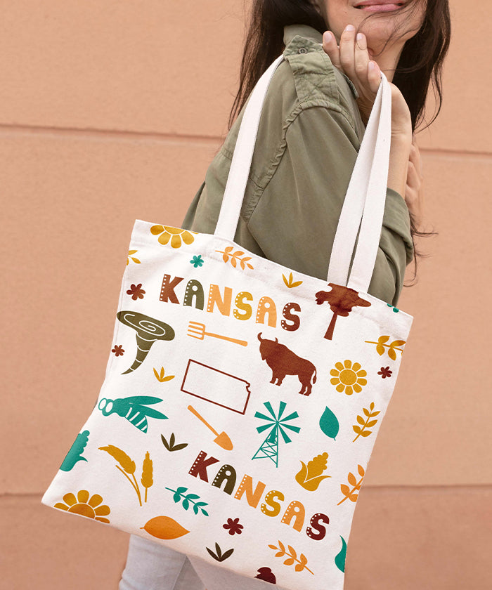 Kansas Icon Canvas Tote Bag – Kansas State Map Travel Souvenir Shopping Tote