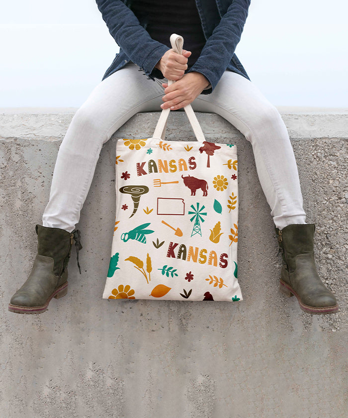Kansas Icon Canvas Tote Bag – Kansas State Map Travel Souvenir Shopping Tote