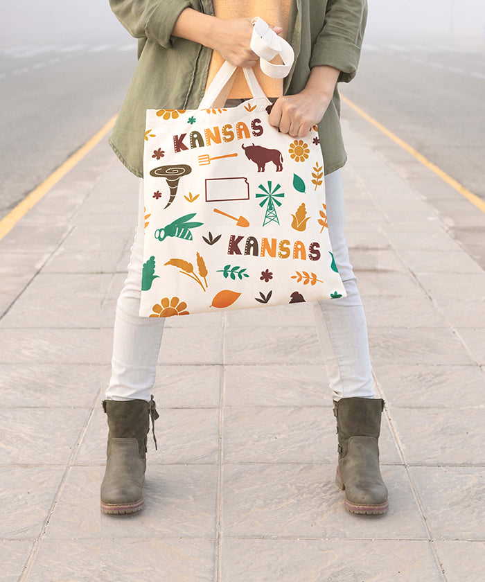 Kansas Icon Canvas Tote Bag – Kansas State Map Travel Souvenir Shopping Tote