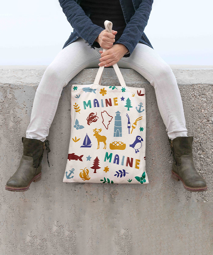 Maine Icon Canvas Tote Bag – Maine State Map Coastal Travel Souvenir Tote