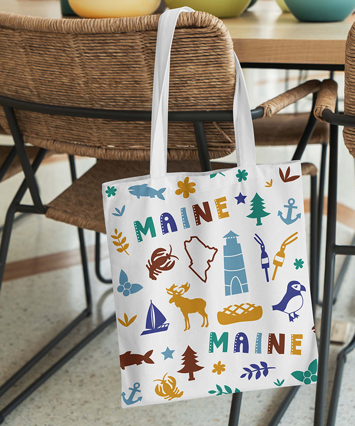 Maine Icon Canvas Tote Bag – Maine State Map Coastal Travel Souvenir Tote