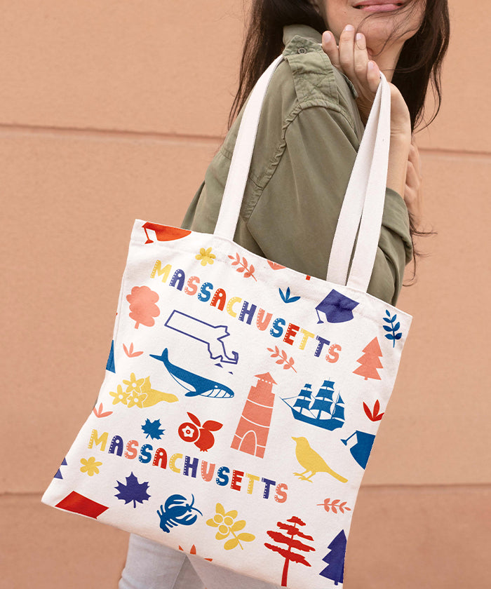 Massachusetts Icon Canvas Tote Bag – Massachusetts State Map Coastal Travel Souvenir Tote