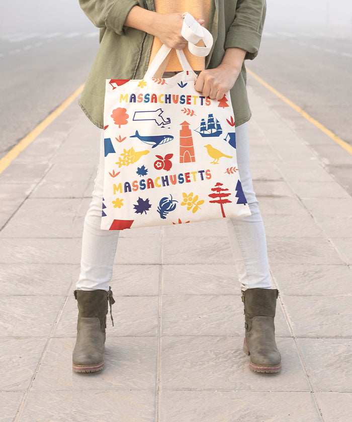 Massachusetts Icon Canvas Tote Bag – Massachusetts State Map Coastal Travel Souvenir Tote