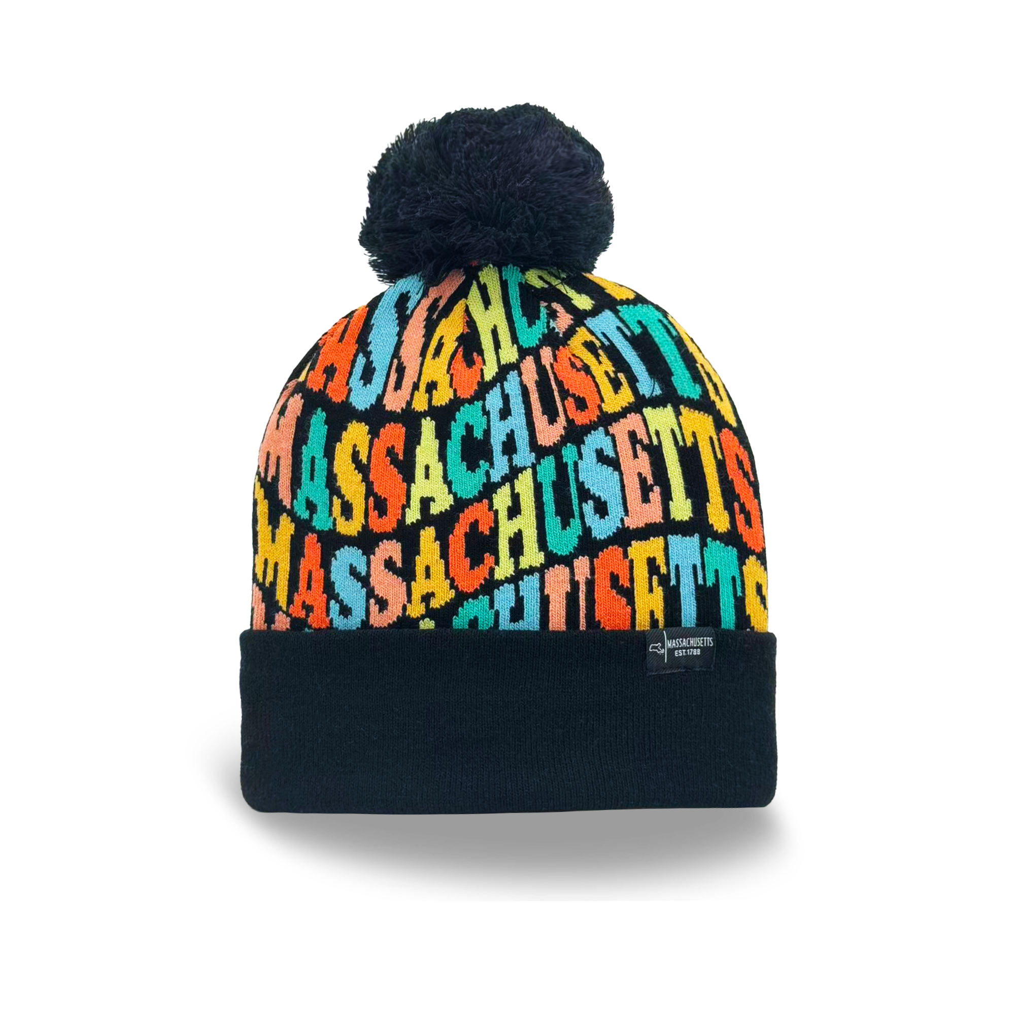 Massachusetts Colorful Letter Knit Beanie Retro Pom Pom Winter Hat with Bold Typography