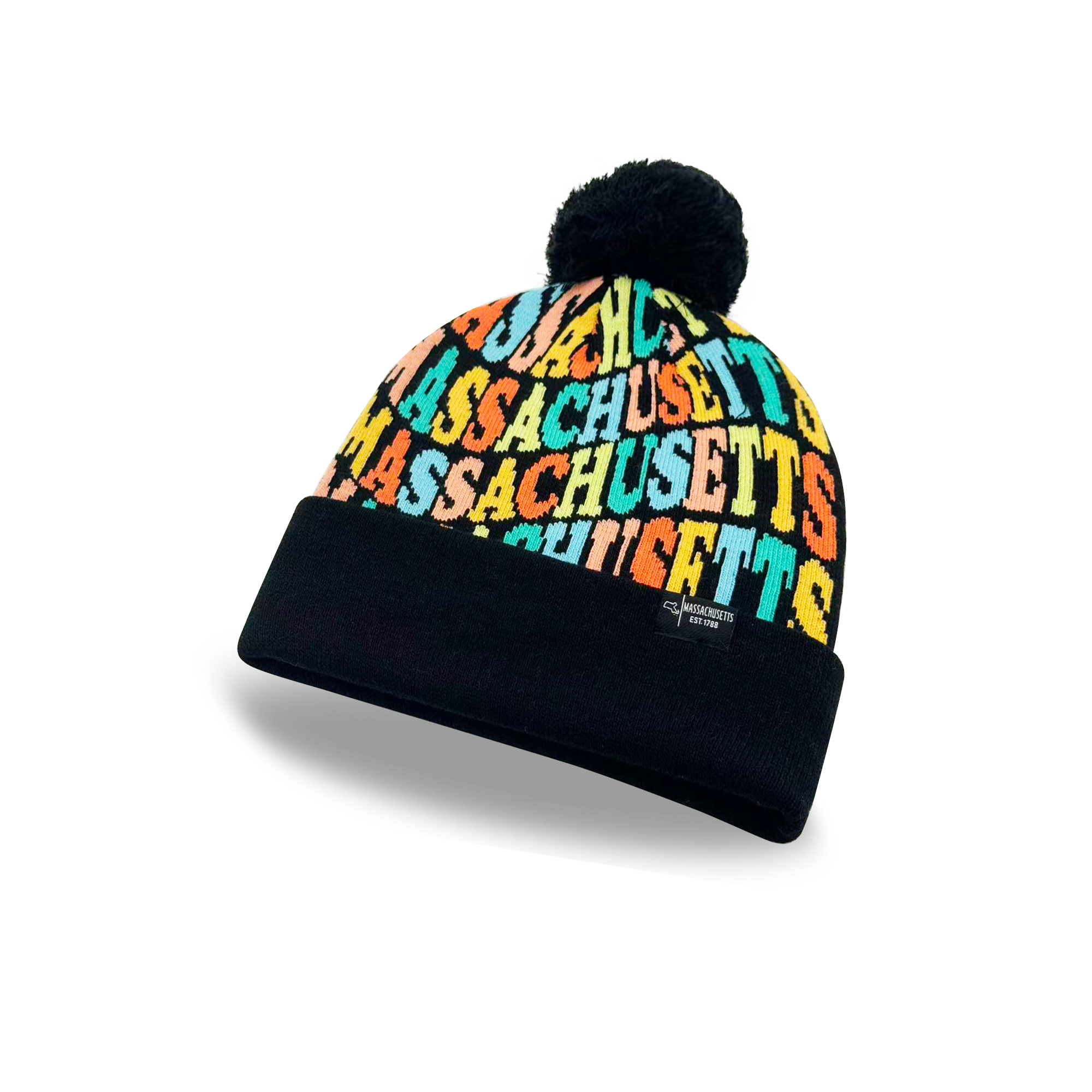 Massachusetts Colorful Letter Knit Beanie Retro Pom Pom Winter Hat with Bold Typography