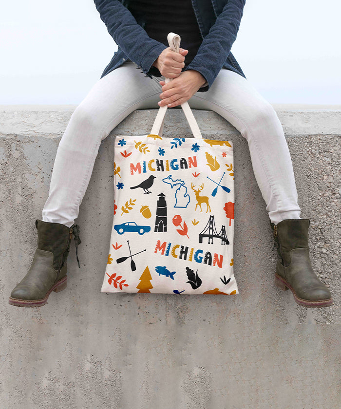 Michigan Icon Canvas Tote Bag – Michigan State Map Great Lakes Travel Souvenir Tote
