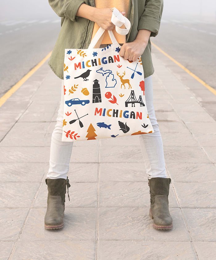 Michigan Icon Canvas Tote Bag – Michigan State Map Great Lakes Travel Souvenir Tote