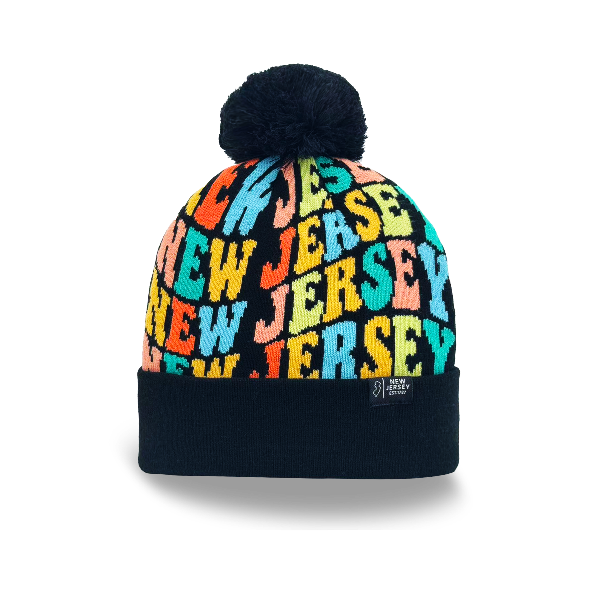 New Jersey Colorful Letter Knit Beanie Retro Pom Pom Winter Hat with Bold Typography
