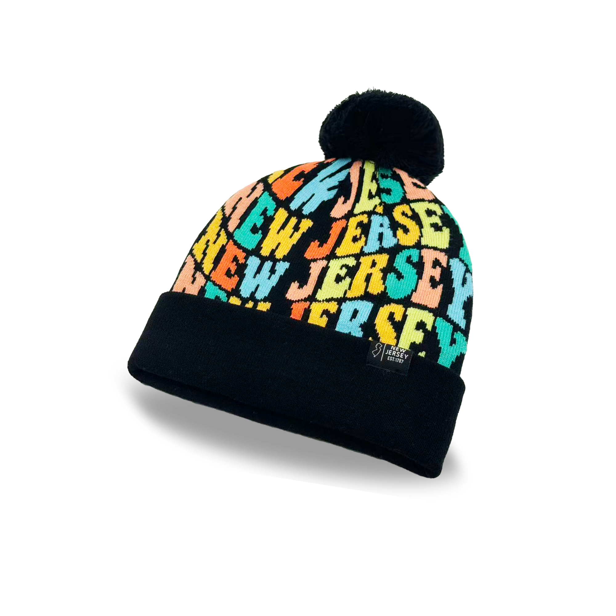 New Jersey Colorful Letter Knit Beanie Retro Pom Pom Winter Hat with Bold Typography