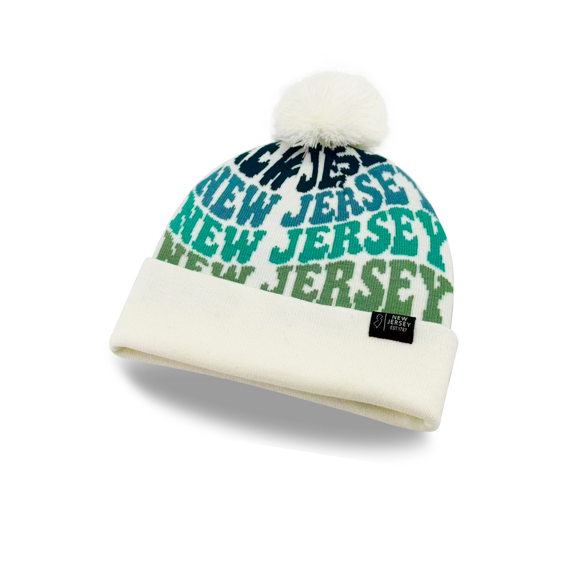 New Jersey Colorful Letter Knit Beanie Retro Pom Pom Winter Hat with Bold Typography