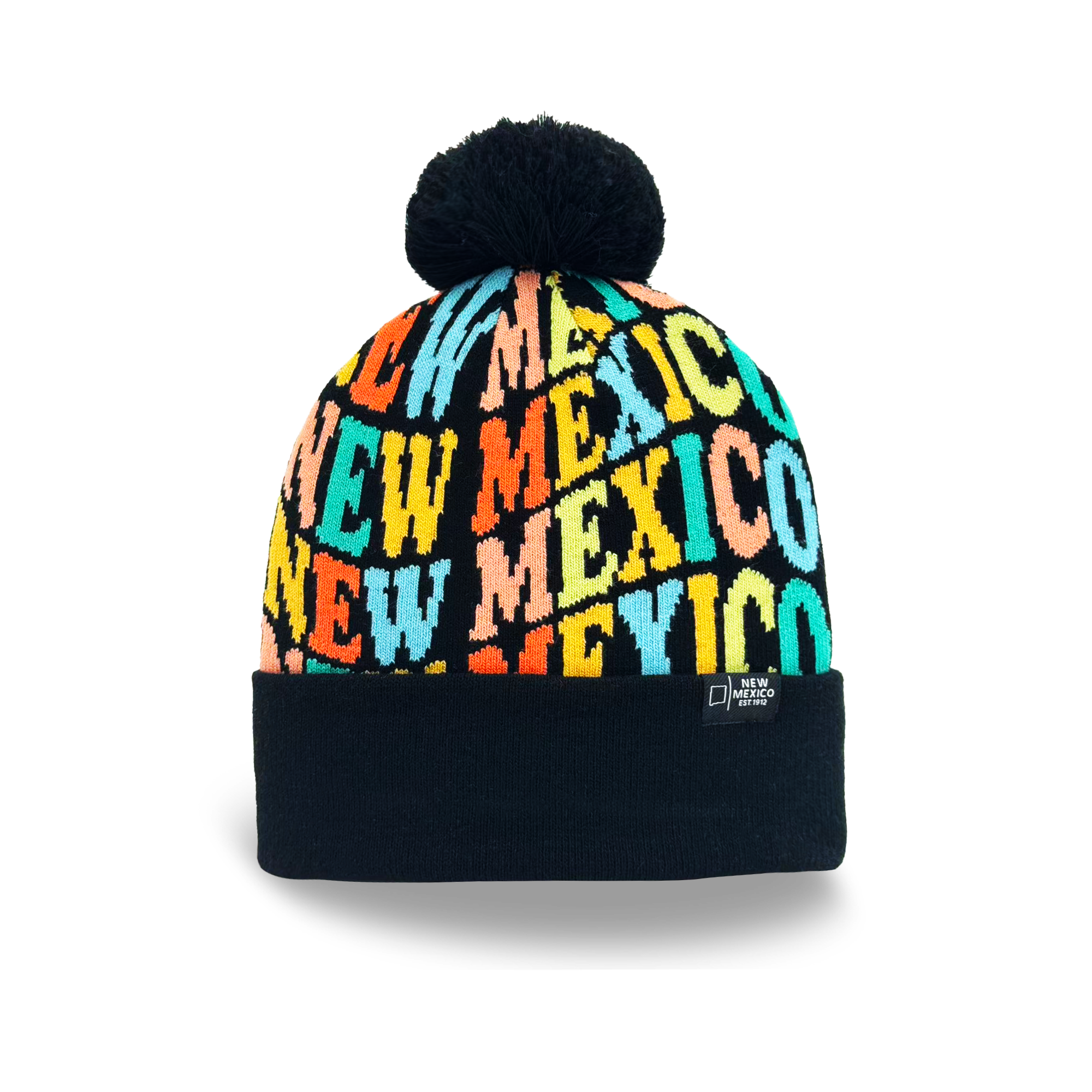 New Mexico Colorful Letter Knit Beanie Retro Pom Pom Winter Hat with Bold Typography