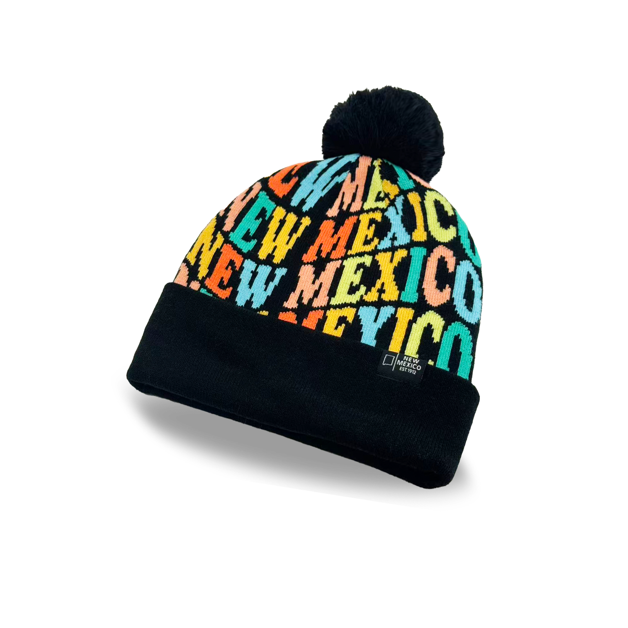 New Mexico Colorful Letter Knit Beanie Retro Pom Pom Winter Hat with Bold Typography