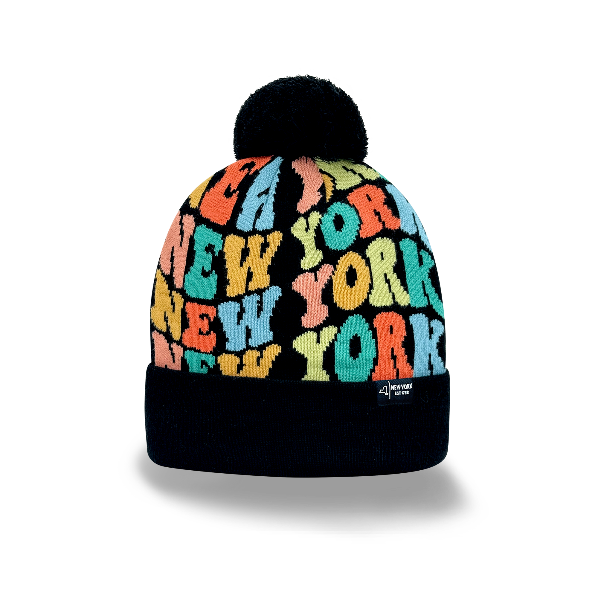 NEW YORK Colorful Knit Pom Pom Beanie - Retro Winter Hat