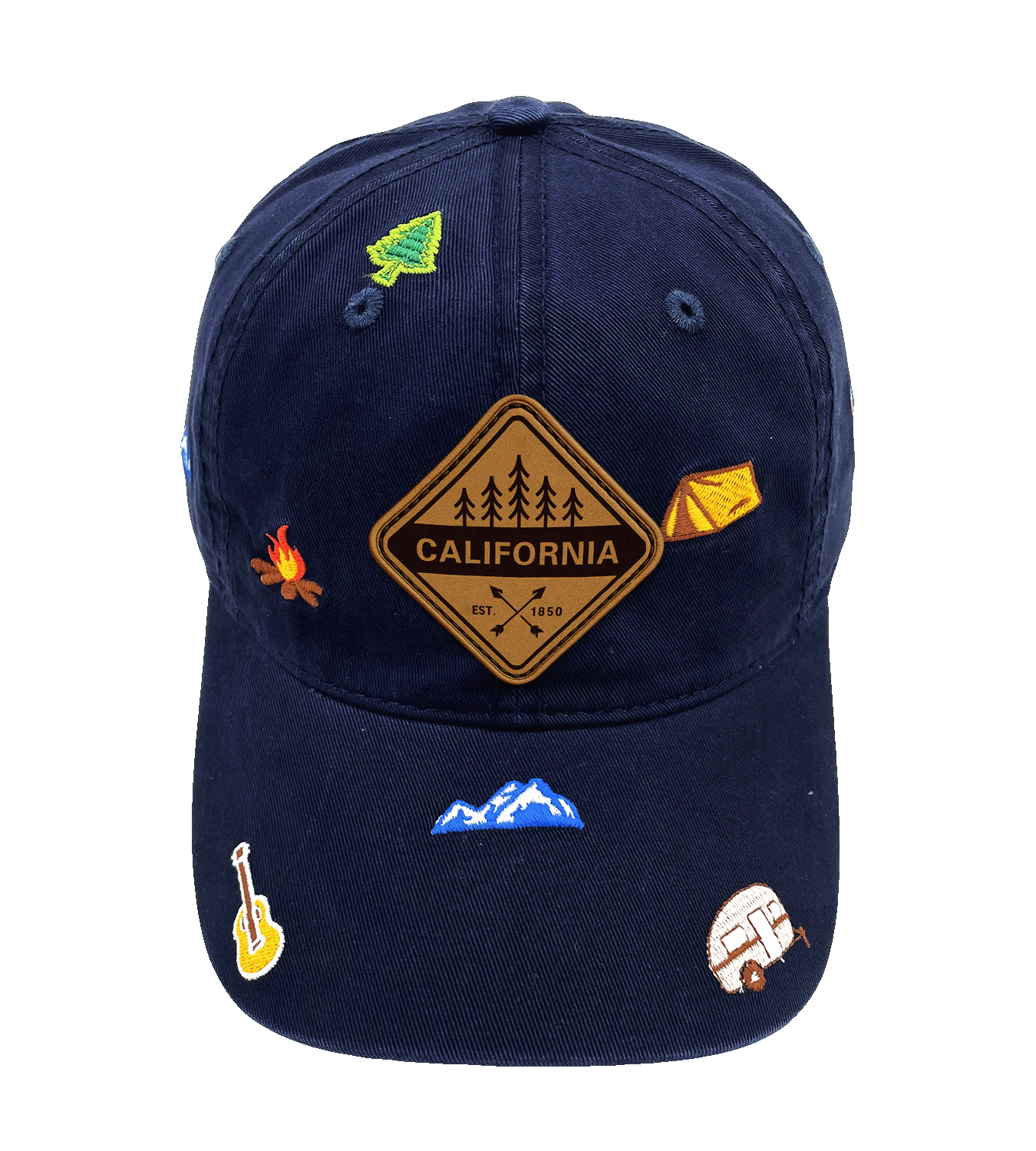 California Adventure Embroidered Hat, Camping Outdoor Travel Baseball Cap with Mountains and Campfire Icons