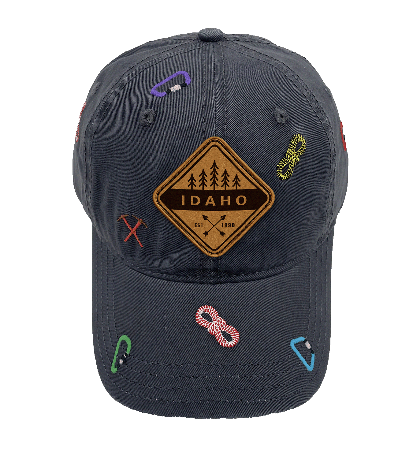 Idaho Hiking Adventure Baseball Cap ¨C Outdoor Climbing Rope & Carabiner Embroidered Hat for Travelers