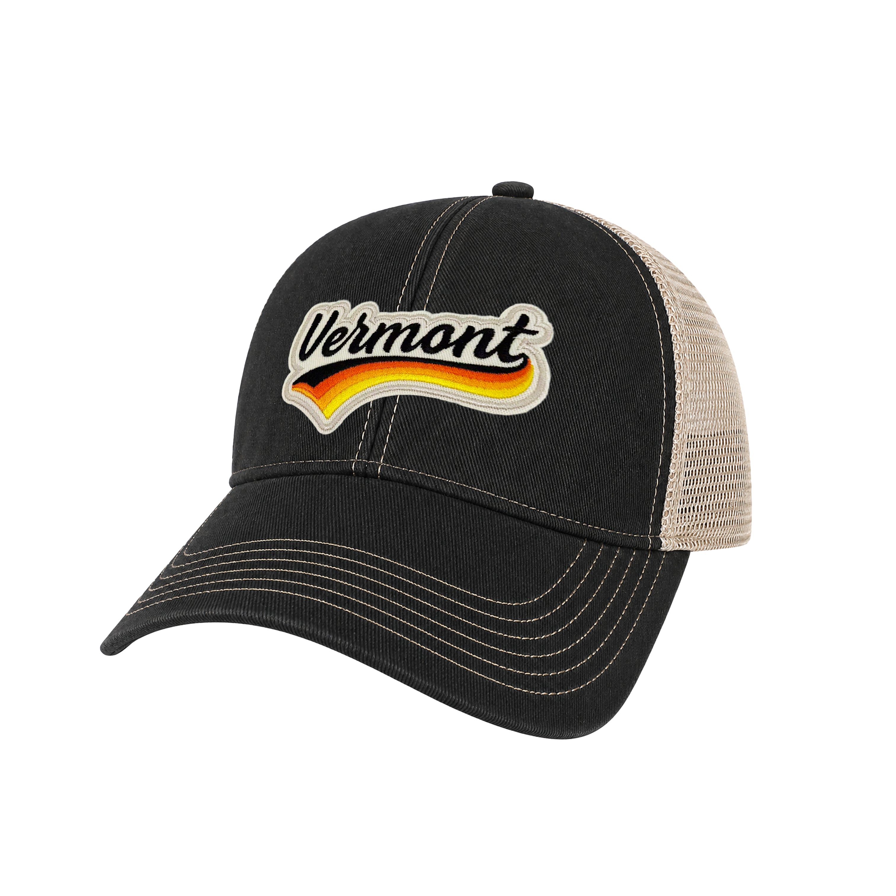Vermont Vintage Dirty Washed Trucker Cap with Retro Rainbow Patch | Cotton Mesh Snapback Hat