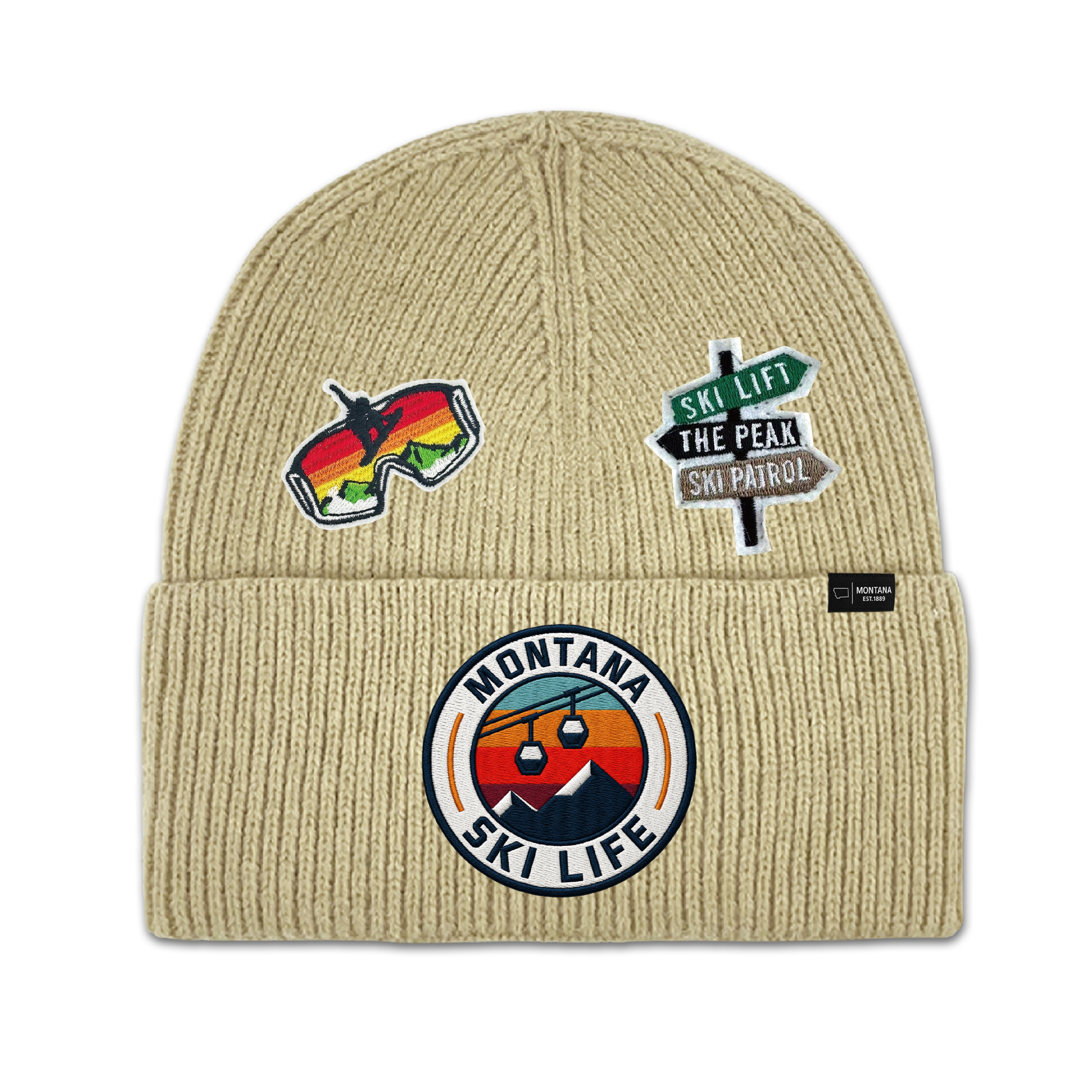 Big Sky, Montana Ski Life Knit Beanie with Appliqu¨¦ Patches