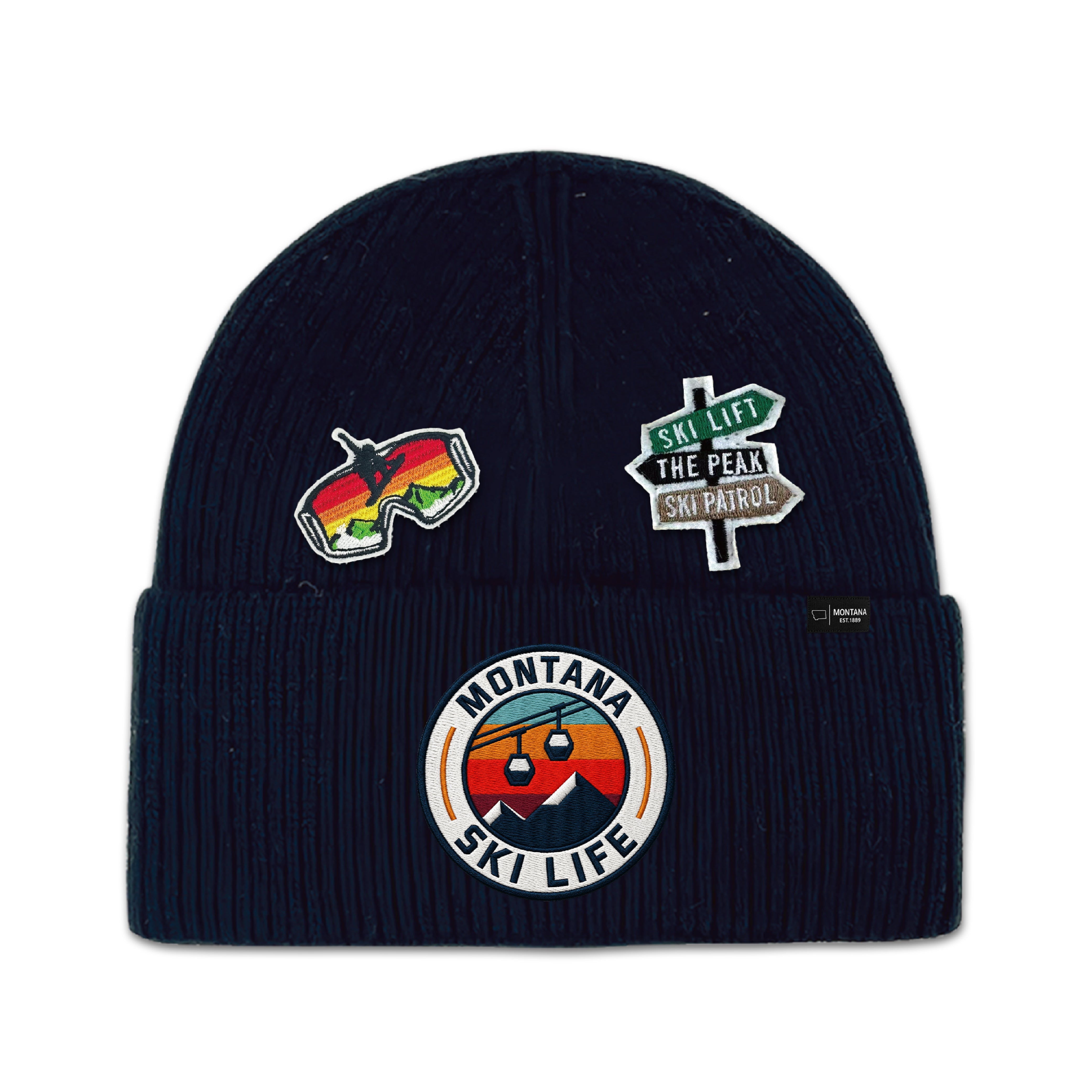Big Sky, Montana Ski Life Knit Beanie with Appliqu¨¦ Patches