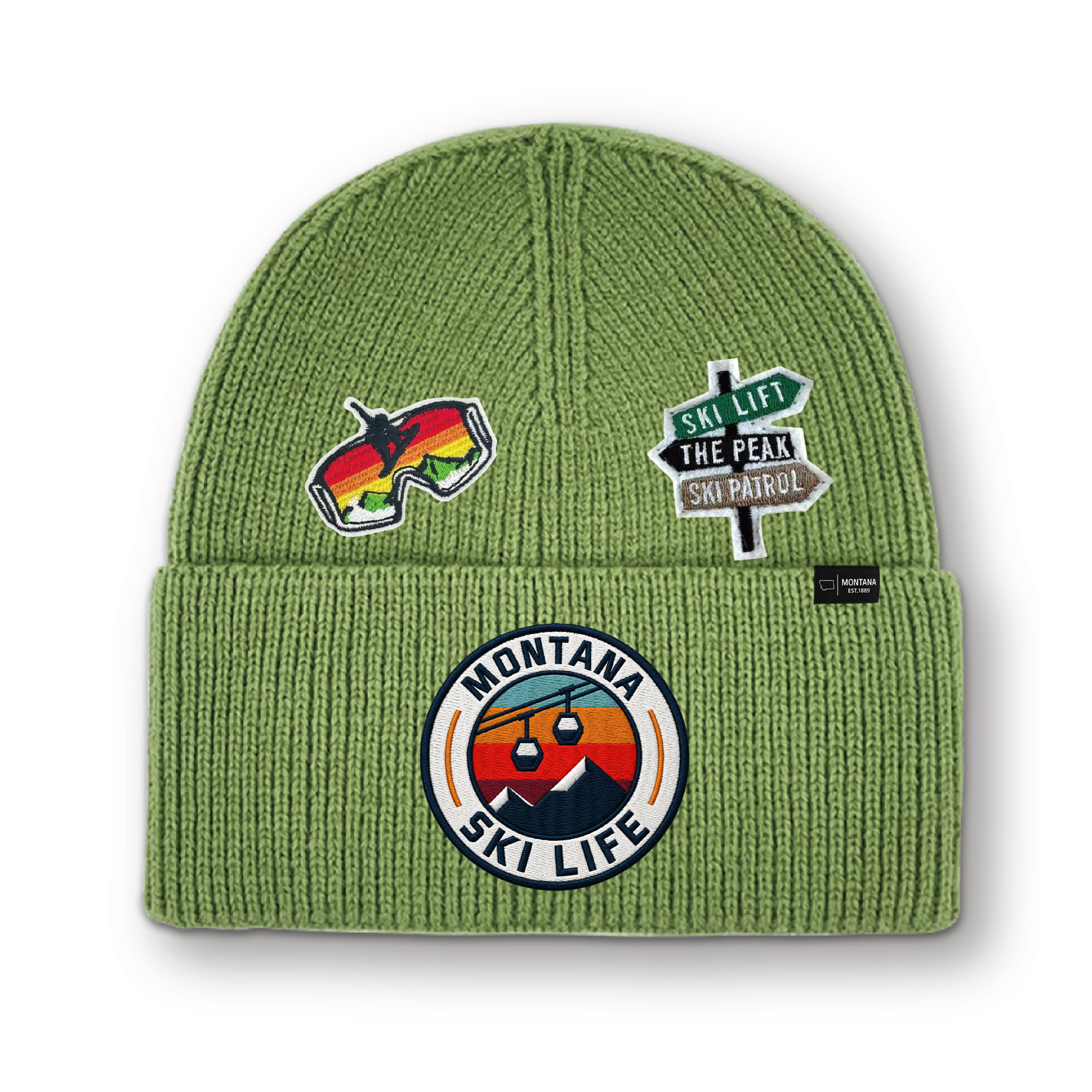 Big Sky, Montana Ski Life Knit Beanie with Appliqu¨¦ Patches
