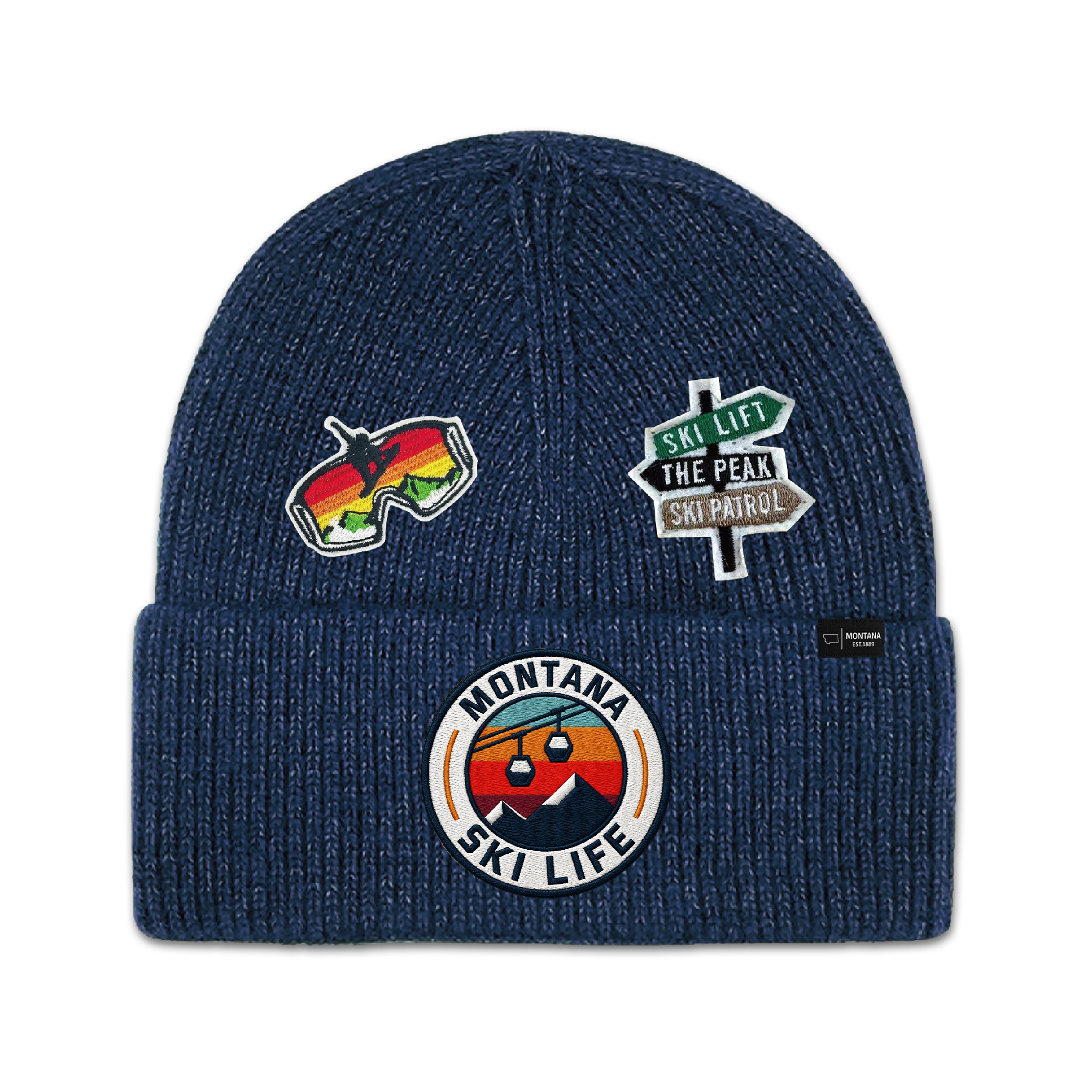 Big Sky, Montana Ski Life Knit Beanie with Appliqu¨¦ Patches