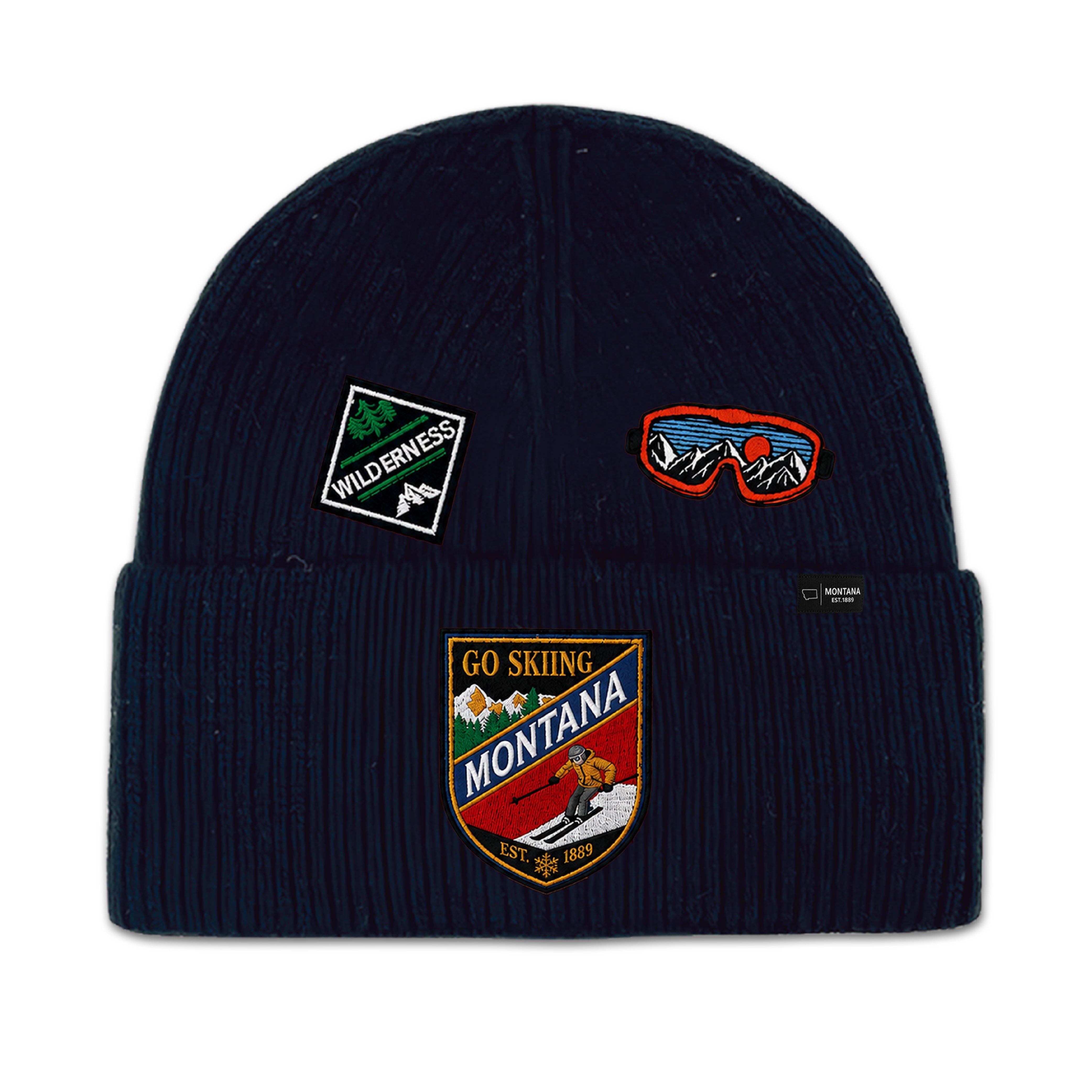 Big Sky, Montana Go Skiing Knit Beanie with Appliqu Patches
