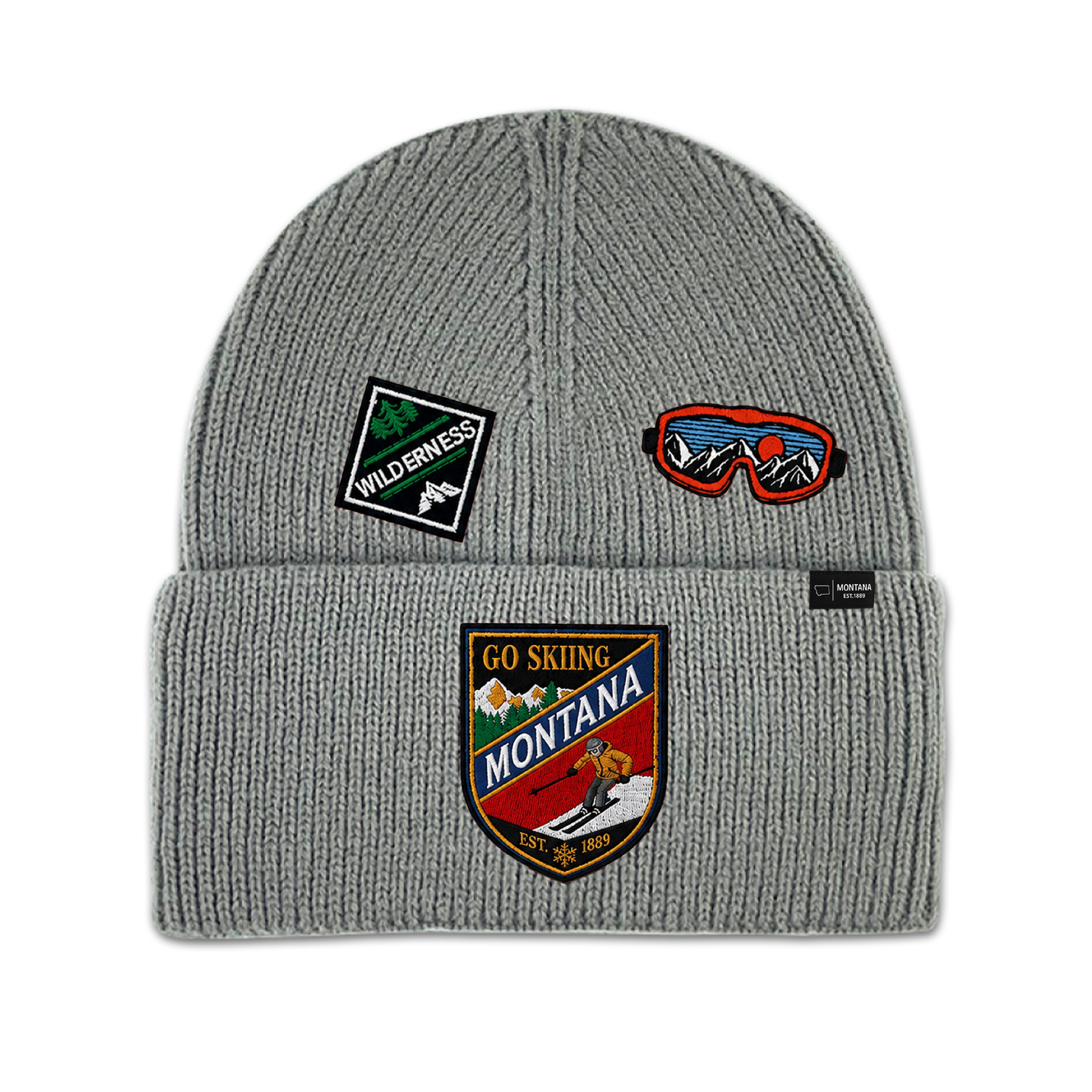 Big Sky, Montana Go Skiing Knit Beanie with Appliqu Patches
