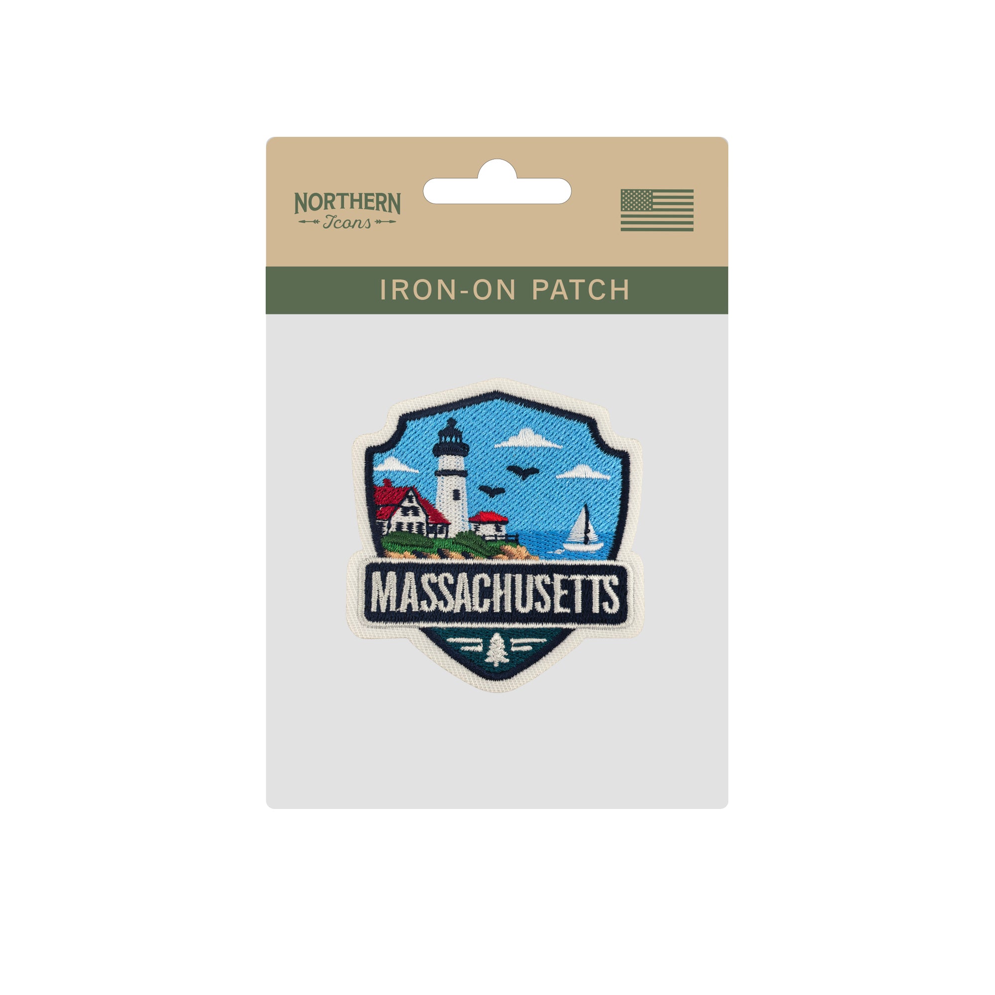 Massachusetts Coastal Travel Iron-on Embroidered Patch | New England Lighthouse Souvenir Patch for Hats, Jackets & Backpacks