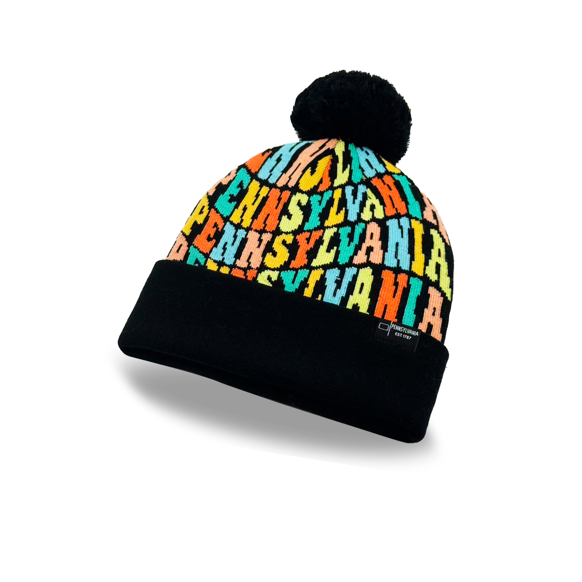 Pennsylvania Colorful Letter Knit Beanie Retro Pom Pom Winter Hat with Bold Typography