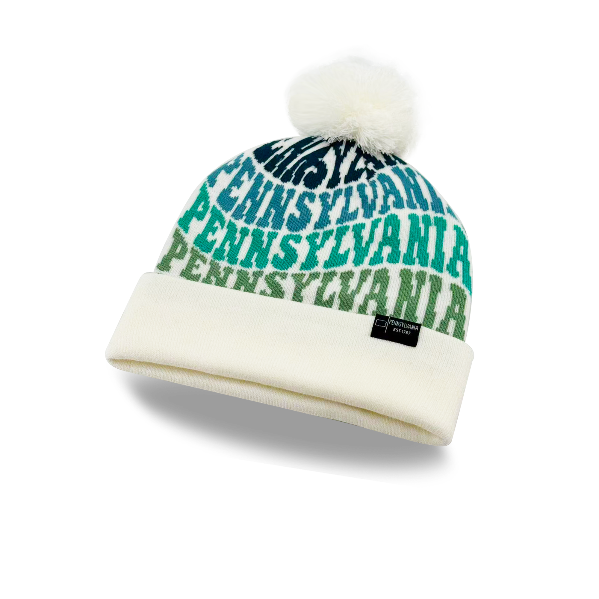 Pennsylvania Colorful Letter Knit Beanie Retro Pom Pom Winter Hat with Bold Typography