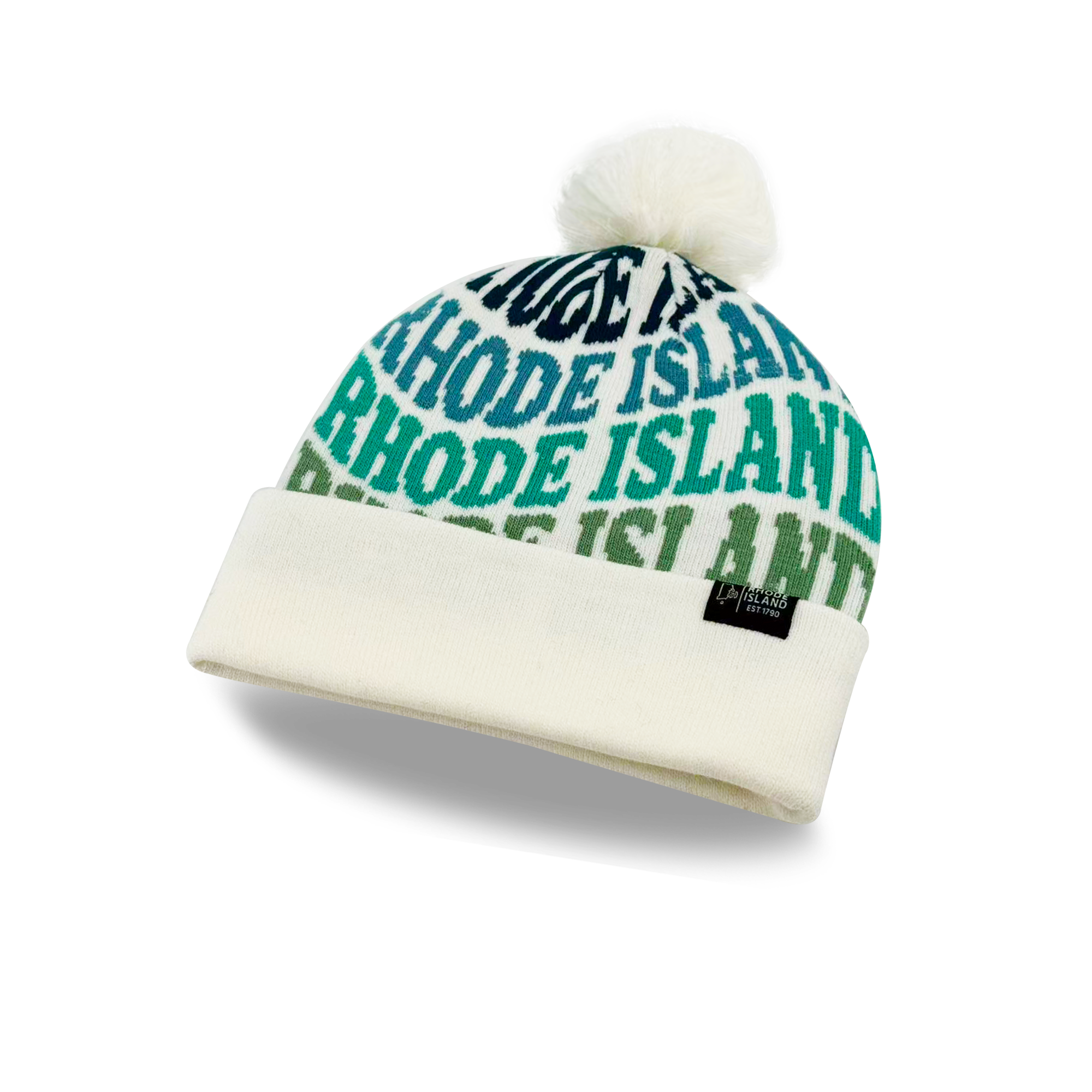 Rhode Island Colorful Letter Knit Beanie Retro Pom Pom Winter Hat with Bold Typography
