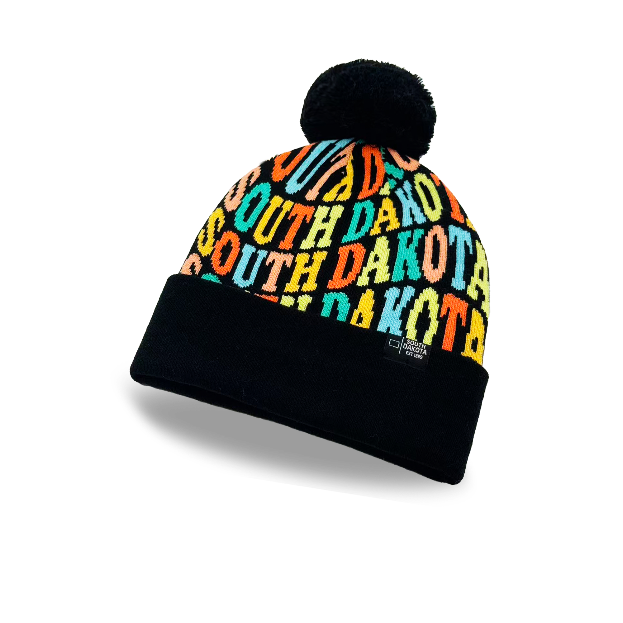 South Dakota Colorful Letter Knit Beanie Retro Pom Pom Winter Hat with Bold Typography