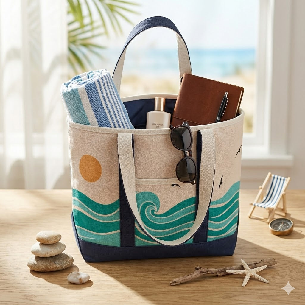 Coastal Wave Adventure Canvas Tote Bag – Ocean Inspired Travel Carryall