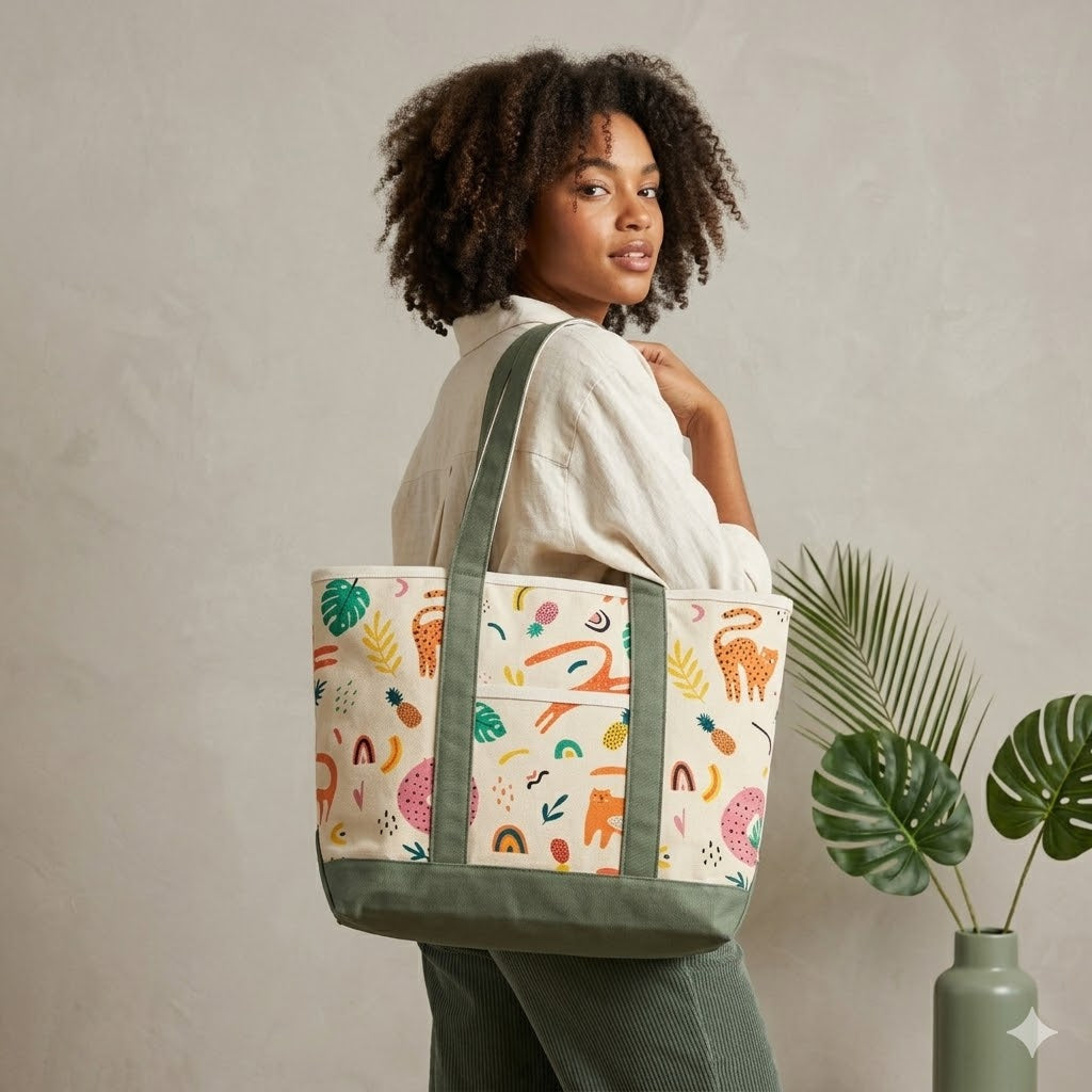 Playful Jungle Adventure Canvas Tote Bag – Tropical Animal Travel Carryall
