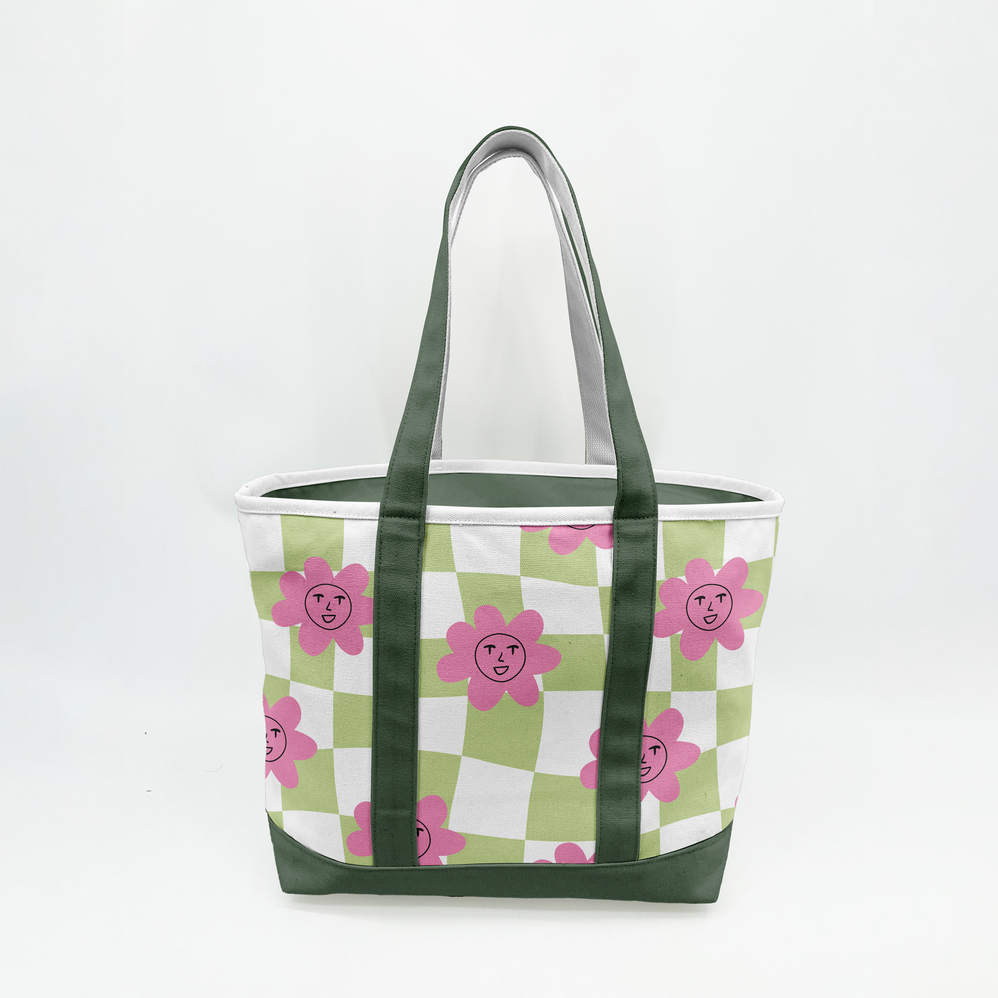 Retro Smiley Flower Canvas Tote Bag – Playful Checkerboard Carryall