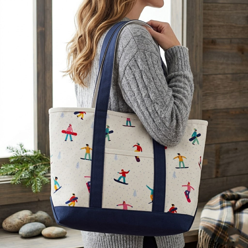 Winter Snowboard Adventure Canvas Tote Bag – Ski Resort Graphic Carryall