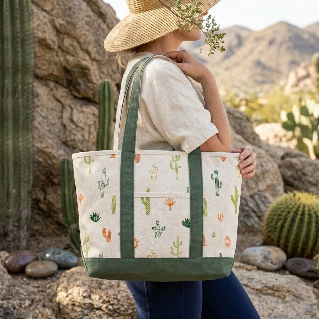 Desert Cactus Pattern Canvas Tote Bag – Southwestern Graphic Carryall